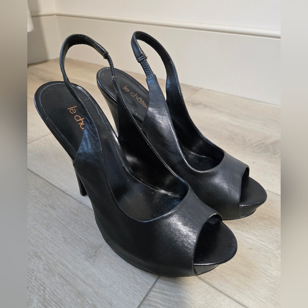 Le Chateau Real Leather Black Peep Toe Slingback Heels